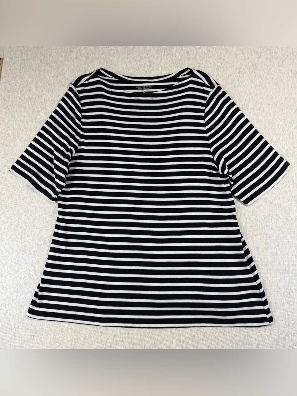 Charter Club 2X Pima Cotton Black White Striped Boat Neck Top Plus Size